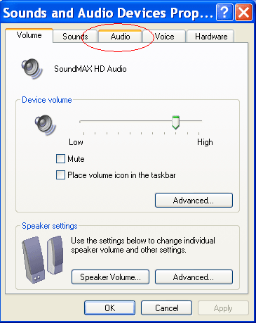 The audio tab on Windows XP