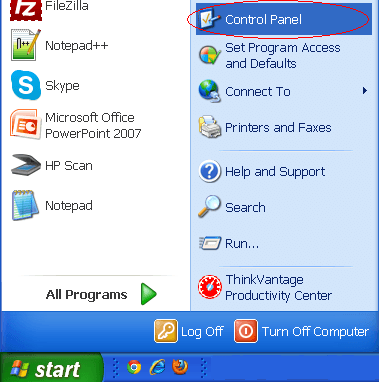 Control panel in the start menu