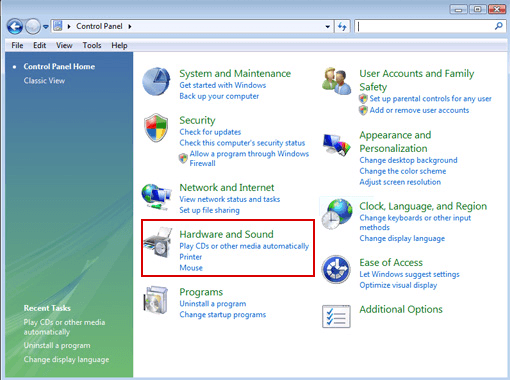 Clicking on Hardware and sound in the control panel