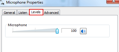 The levels tab in the microphone properties