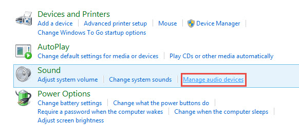 Clicking on Manage audio devices