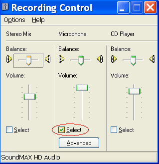 The Volume button under Sound Recording