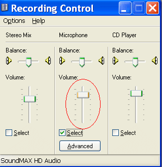 Making sure Select is checked in the microphone's settings