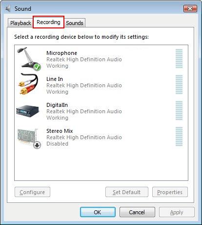 The recording tab in the sound menu