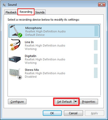 Setting the correct mic as default input device