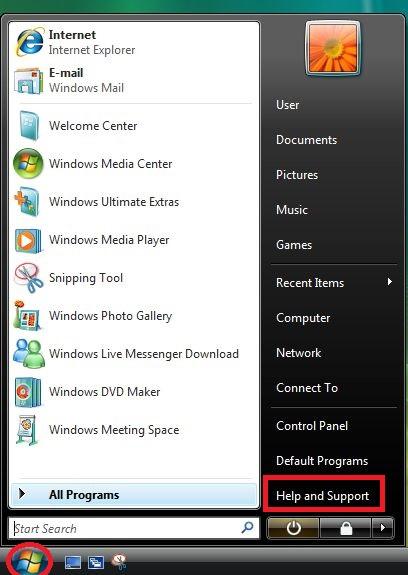 Choosing the help and support option in the start menu