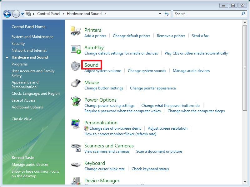 Selecting the Sound option