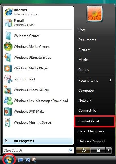 The start menu and control panel button