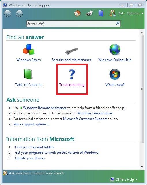 Clicking the Troubleshooting option